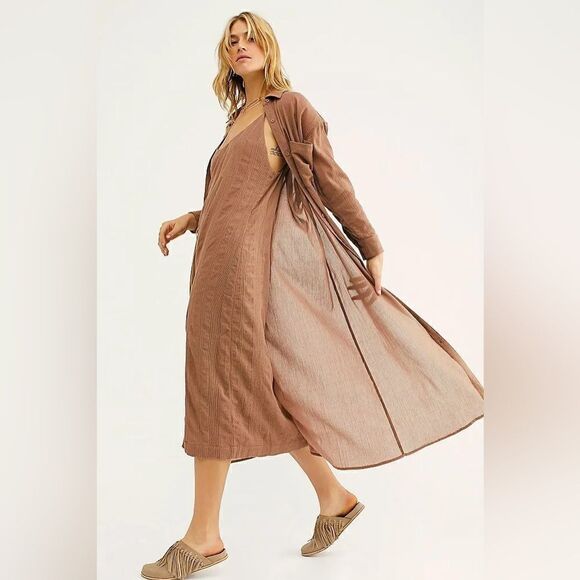 Free People My Soulmate Maxi Shirt Top Endless Summer Buttondown Cocoa NWT - Picture 1 of 12